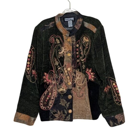 Indigo Moon Embroidered Paisley Jacket Womens Size Medium Green Artsy Boho - Picture 1 of 14